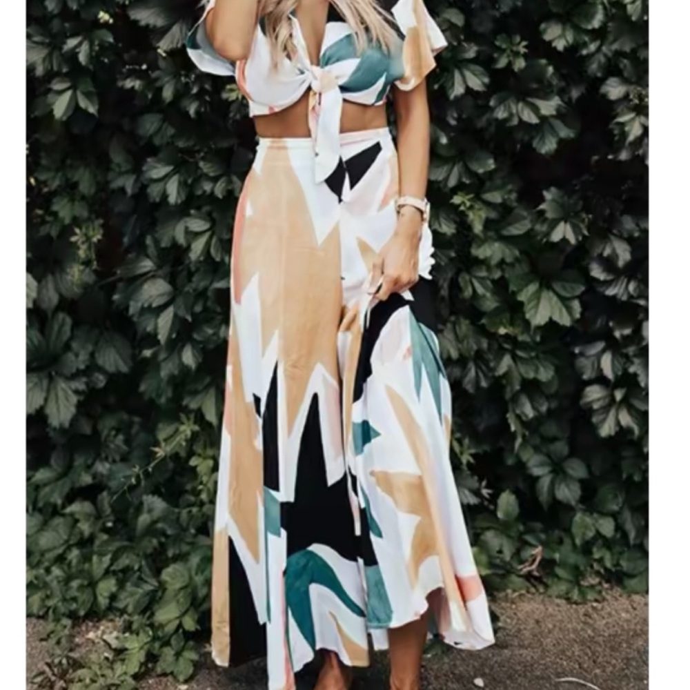 Abstract Print Jumpsuit with Tie Front